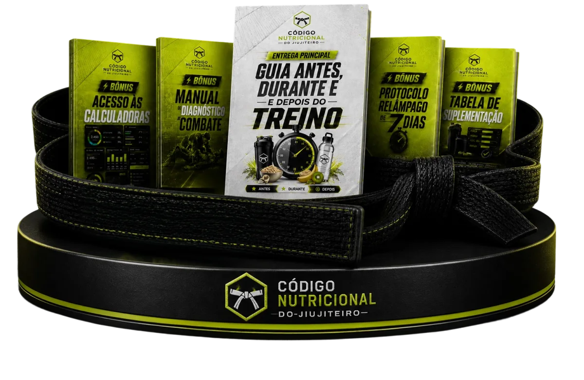 Materiais do Código Nutricional do Jiujiteiro sobre uma faixa preta de jiu-jitsu